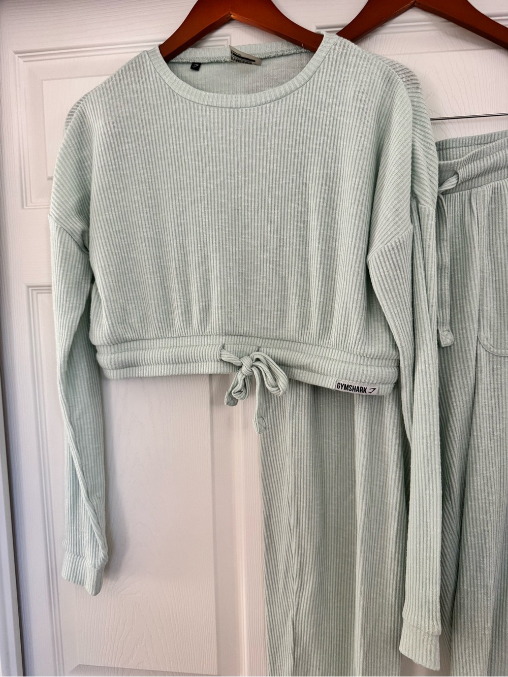 Gymshark Sage Green Ribbed Lounge Set Small Wide Leg Capri Pants - Picture 2 of 6